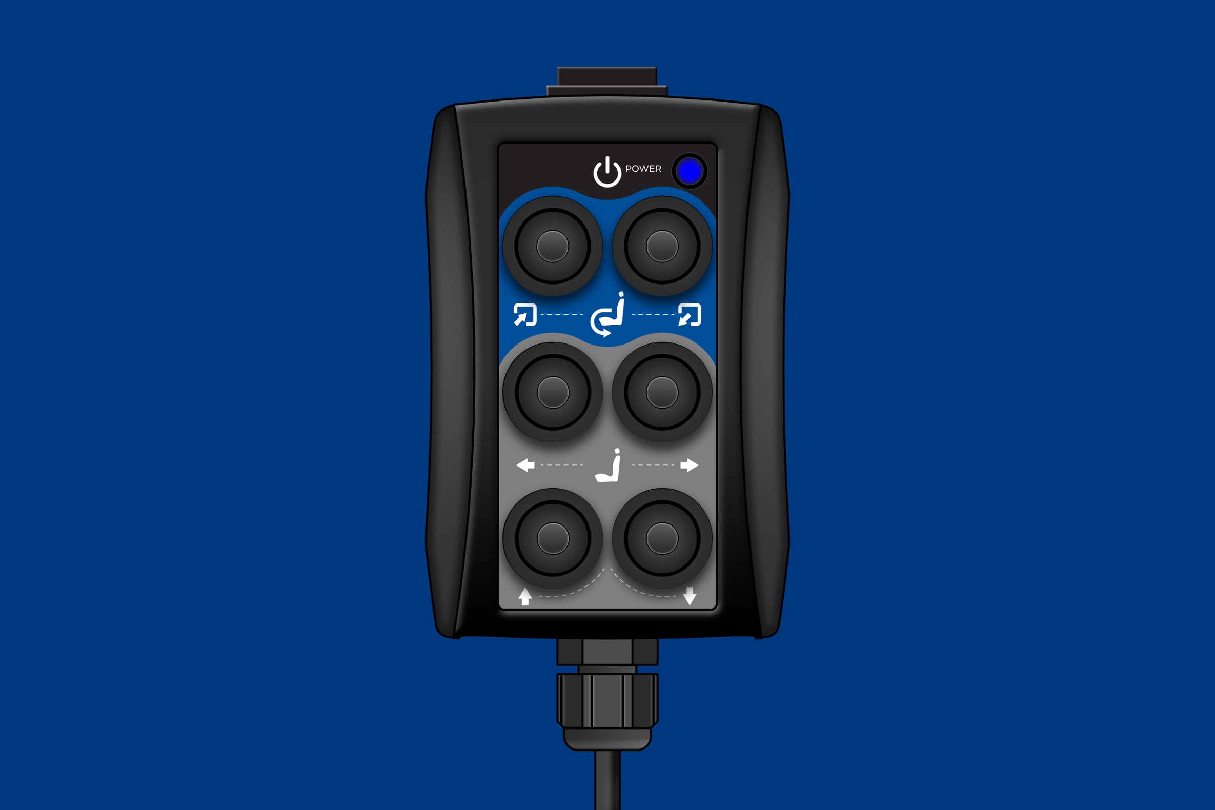 A six-button LINK hand pendant. One the face: In/Out on top, forward/back in the middle, tilt up/down on the bottom. The activation button is at the top and a wire is connected to the bottom.